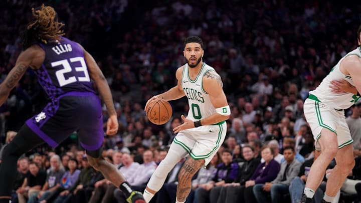 Mar 24, 2025; Sacramento, California, USA; Boston Celtics forward Jayson Tatum (0) dribbles the ball against the Sacramento Kings in the second quarter at the Golden 1 Center. Mandatory Credit: Cary Edmondson-Imagn Images