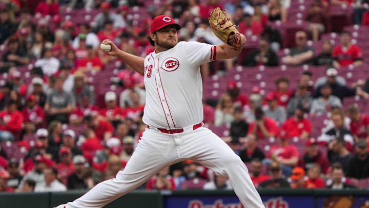 Reds Ian Gibaut (79) pitches during their game against the San Francisco Giants at Great American Ball Park on Sunday March 30, 2025. The San Francisco Giants won the game with a final score of 6-3.