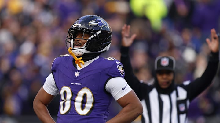 Dec 7, 2025; Baltimore, Maryland, USA; Baltimore Ravens tight end Isaiah Likely (80) reacts after scoring a touchdown against the Pittsburgh Steelers during the second half at M&T Bank Stadium. Mandatory Credit: Peter Casey-Imagn Images