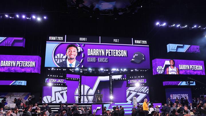 Jun 23, 2026; New York, NY, USA; NBA commissioner Adam Silver announces the second pick in the 2026 NBA draft, Kansas guard Darryn Peterson after he was selected by the Utah Jazz at Barclays Center. Mandatory Credit: Brad Penner-Imagn Images