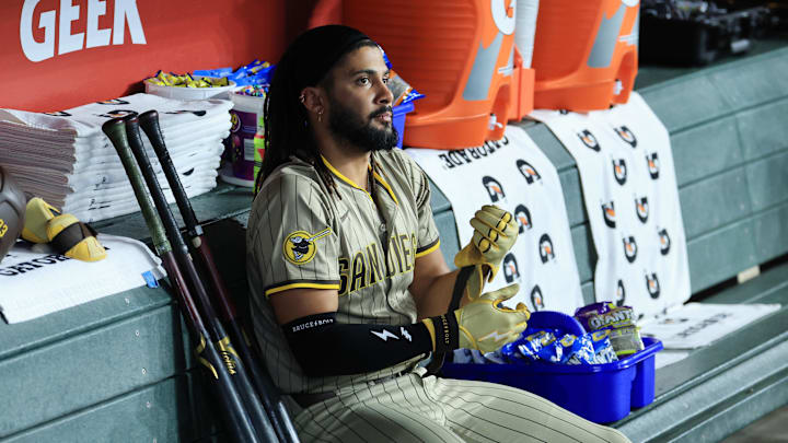 Jun 13, 2025; Phoenix, Arizona, USA; San Diego Padres outfielder Fernando Tatis Jr. prior to the game against the Arizona Diamondbacks at Chase Field. Mandatory Credit: Mark J. Rebilas-Imagn Images