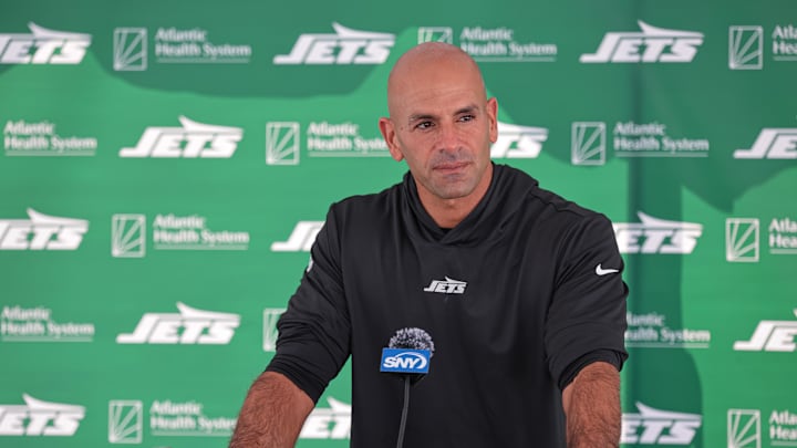 Jul 27, 2024; Florham Park, NJ, USA; New York Jets head coach Robert Saleh talks with media during training camp at Atlantic Health Jets Training Center. Mandatory Credit: Vincent Carchietta-Imagn Images
