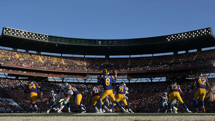 Aug 17, 2019;  Honolulu, HI, USA; Los Angeles Rams quarterback Brandon Allen (8) throws the ball against the Dallas Cowboys at Aloha Stadium. Mandatory Credit: Kirby Lee-Imagn Images