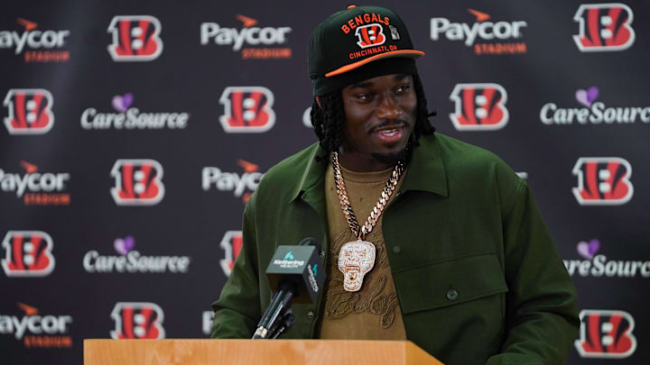 Cincinnati Bengals first-round draft pick Shemar Stewart speaks during a press conference, Friday, April 25, 2025, at Paycor Stadium in Downtown Cincinnati.