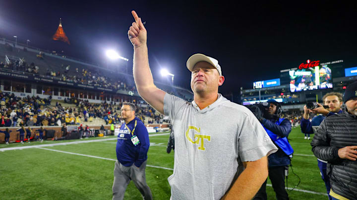 Nov 21, 2024; Atlanta, Georgia, USA; Georgia Tech Yellow Jackets head coach Brent Key celebrates after a victory over the North Carolina State Wolfpack at Bobby Dodd Stadium at Hyundai Field. Mandatory Credit: Brett Davis-Imagn Images