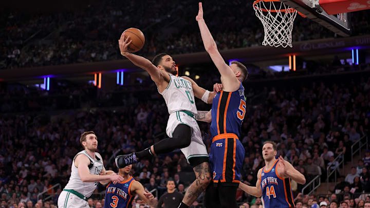 Feb 24, 2024; New York, New York, USA; Boston Celtics forward Jayson Tatum (0) drives to the basket vs. the New York Knicks.