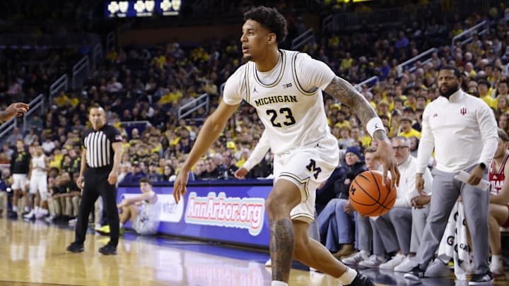 Jan 20, 2026; Ann Arbor, Michigan, USA;  Michigan Wolverines forward Yaxel Lendeborg (23) dribbles in the first half against the Indiana Hoosiers at Crisler Center. Mandatory Credit: Rick Osentoski-Imagn Images
