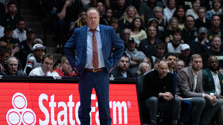 Mar 7, 2026; West Lafayette, Indiana, USA; Wisconsin Badgers head coach Greg Gard stands on the sideline during the second half against the Purdue Boilermakers at Mackey Arena. Mandatory Credit: Jacob Musselman-Imagn Images