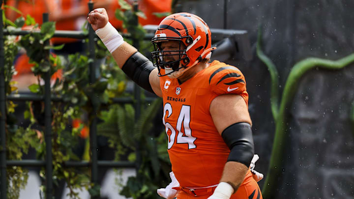 Sep 8, 2024; Cincinnati, Ohio, USA; Cincinnati Bengals center Ted Karras (64) runs onto the field before the game against the New England Patriots at Paycor Stadium. Mandatory Credit: Katie Stratman-Imagn Images