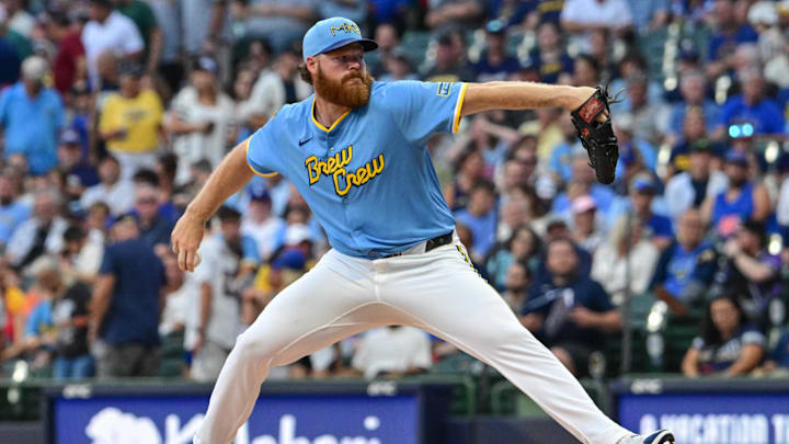 Aug 8, 2025; Milwaukee, Wisconsin, USA;  Milwaukee Brewers starting pitcher Brandon Woodruff (53) throws a pitch in the first inning against the New York Mets at American Family Field. Mandatory Credit: Benny Sieu-Imagn Images