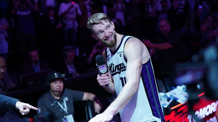 Apr 16, 2024; Sacramento, California, USA; Sacramento Kings forward Domantas Sabonis (10) lights the Apr 16, 2024; Sacramento, California, USA; Sacramento Kings forward Domantas Sabonis (10) lights the