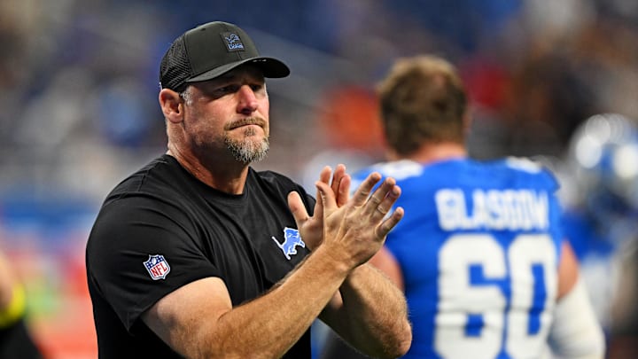 Sep 28, 2025; Detroit, Michigan, USA; Detroit Lions head coach Dan Campbell looks on before the game against the Cleveland Browns at Ford Field. Mandatory Credit: Lon Horwedel-Imagn Images