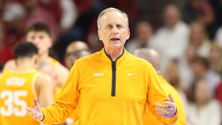 Jan 3, 2026; Fayetteville, Arkansas, USA;  Tennessee Volunteers head coach Rick Barnes during the second half against the Arkansas Razorbacks at Bud Walton Arena. Mandatory Credit: Nelson Chenault-Imagn Images