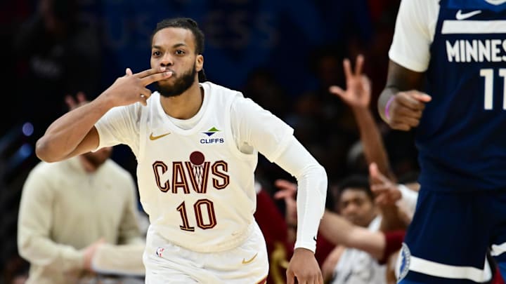 Jan 10, 2026; Cleveland, Ohio, USA; Cleveland Cavaliers guard Darius Garland (10) celebrates after hitting a three point basket against the Minnesota Timberwolves during the second half at Rocket Arena. Mandatory Credit: Ken Blaze-Imagn Images