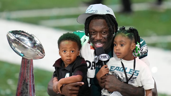 Feb 9, 2025; New Orleans, LA, USA; Philadelphia Eagles wide receiver A.J. Brown (11) talks to the media after defeating the Kansas City Chiefs in Super Bowl LIX at Caesars Superdome. Mandatory Credit: Kirby Lee-Imagn Images Feb 9, 2025; New Orleans, LA, USA; Philadelphia Eagles wide receiver A.J. Brown (11) talks to the media after defeating the Kansas City Chiefs in Super Bowl LIX at Caesars Superdome. Mandatory Credit: Kirby Lee-Imagn Images