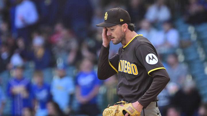 May 14, 2026; Milwaukee, Wisconsin, USA; San Diego Padres starting pitcher Griffin Canning (17) reacts after giving up a run in the second inning against the Milwaukee Brewers at American Family Field. Mandatory Credit: Benny Sieu-Imagn Images