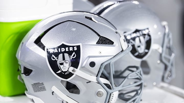 Aug 23, 2025; Glendale, Arizona, USA; Detailed view of a Las Vegas Raiders helmet during a preseason NFL game at State Farm Stadium. Mandatory Credit: Mark J. Rebilas-Imagn Images Aug 23, 2025; Glendale, Arizona, USA; Detailed view of a Las Vegas Raiders helmet during a preseason NFL game at State Farm Stadium. Mandatory Credit: Mark J. Rebilas-Imagn Images