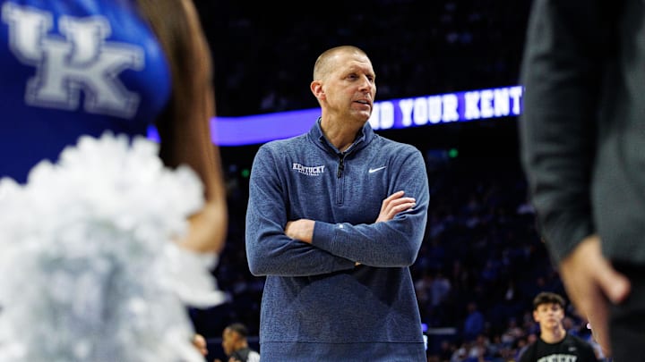 Oct 29, 2024; Lexington, KY, USA; Kentucky Wildcats head coach Mark Pope stands on the court before the game against the Minnesota State Mavericks at Rupp Arena. Mandatory Credit: Jordan Prather-Imagn Images