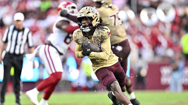 Oct 3, 2026; College Station, Texas, USA; Texas A&M Aggies wide receiver Mario Craver (1) runs the ball during the first quarter against the Arkansas Razorbacks at Kyle Field. Mandatory Credit: Maria Lysaker-Imagn Images