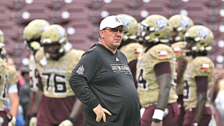 Texas A&M Aggies head coach Mike Elko looks on prior to the game against the Arkansas Razorbacks at Kyle Field.