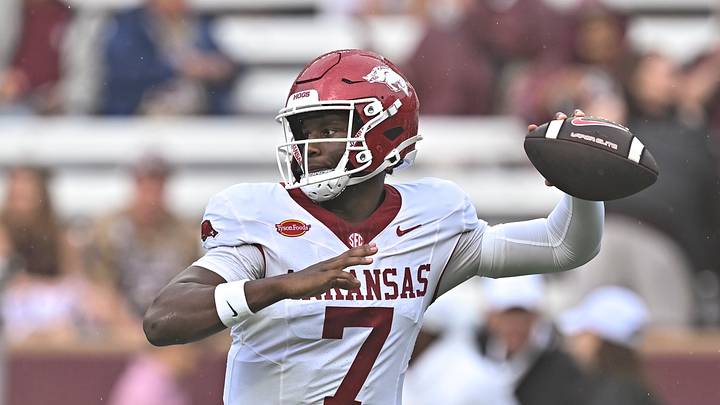 Oct 3, 2026; College Station, Texas, USA; Arkansas Razorbacks quarterback KJ Jackson (7) warms up prior to the game against the Texas A&M Aggies at Kyle Field. Mandatory Credit: Maria Lysaker-Imagn Images