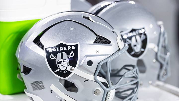 Aug 23, 2025; Glendale, Arizona, USA; Detailed view of a Las Vegas Raiders helmet during a preseason NFL game at State Farm Stadium. Mandatory Credit: Mark J. Rebilas-Imagn Images Aug 23, 2025; Glendale, Arizona, USA; Detailed view of a Las Vegas Raiders helmet during a preseason NFL game at State Farm Stadium. Mandatory Credit: Mark J. Rebilas-Imagn Images
