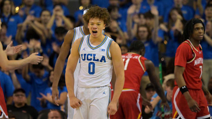 Jan 10, 2026; Los Angeles, California, USA;  UCLA Bruins guard Trent Perry (0) reacts after a basket in the first half against the Maryland Terrapins at Pauley Pavilion presented by Wescom Financial. Mandatory Credit: Jayne Kamin-Oncea-Imagn Images