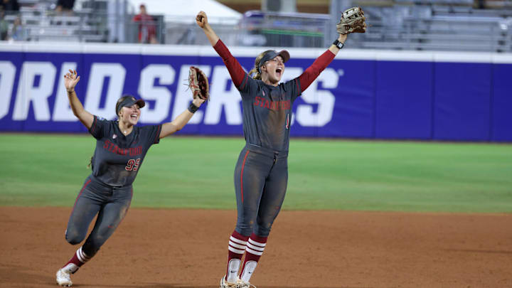 June 2: Stanford's River Mahler (1) and Taryn Kern celebrate after the Cardinal beat UCLA 3-1 in an elimination game at the Women's College World Series at Devon Park in Oklahoma City.