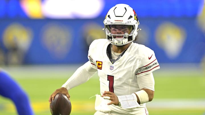 Dec 28, 2024; Inglewood, California, USA;  Arizona Cardinals quarterback Kyler Murray (1) scrambles for a first down in the second half against the Los Angeles Rams at SoFi Stadium. Mandatory Credit: Jayne Kamin-Oncea-Imagn Images