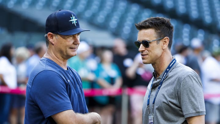 Seattle Mariners manager Scott Servais, left, and general manger Jerry Dipoto talk during batting practice against the New York Yankees at T-Mobile Park Seattle Mariners manager Scott Servais, left, and general manger Jerry Dipoto talk during batting practice against the New York Yankees at T-Mobile Park