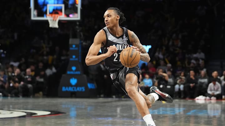 Apr 6, 2025; Brooklyn, New York, USA; Brooklyn Nets forward Maxwell Lewis (27) dribbles the ball against the Toronto Raptors during the second half at Barclays Center. Mandatory Credit: Gregory Fisher-Imagn Images Apr 6, 2025; Brooklyn, New York, USA; Brooklyn Nets forward Maxwell Lewis (27) dribbles the ball against the Toronto Raptors during the second half at Barclays Center. Mandatory Credit: Gregory Fisher-Imagn Images