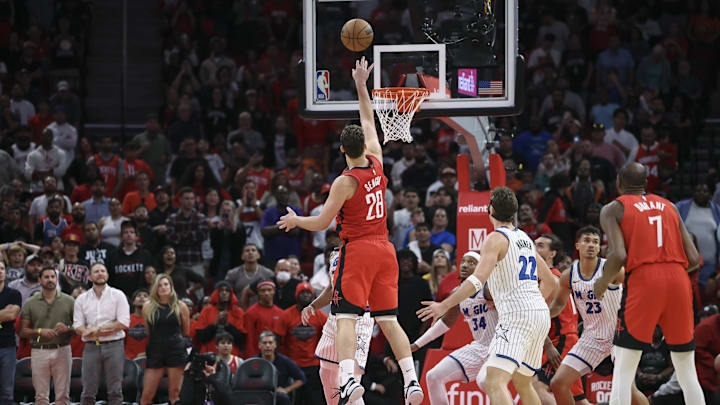 Nov 16, 2025; Houston, Texas, USA; Houston Rockets center Alperen Sengun (28) shoots and makes a basket during overtime against the Orlando Magic at Toyota Center. Mandatory Credit: Troy Taormina-Imagn Images Nov 16, 2025; Houston, Texas, USA; Houston Rockets center Alperen Sengun (28) shoots and makes a basket during overtime against the Orlando Magic at Toyota Center. Mandatory Credit: Troy Taormina-Imagn Images