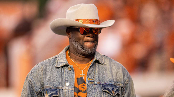 Nov 23, 2024; Austin, Texas, USA; Former Texas Longhorns quarterback Vince Young in attendance against the Kentucky Wildcats during the third quarter at Darrell K Royal-Texas Memorial Stadium. Mandatory Credit: Brett Patzke-Imagn Images