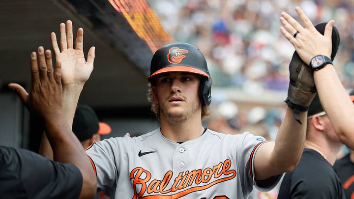 Jul 29, 2026; Detroit, Michigan, USA; Baltimore Orioles third baseman Coby Mayo (16) receives congratulations from teammates after scoring in the seventh inning against the Detroit Tigers at Comerica Park. Mandatory Credit: Rick Osentoski-Imagn Images