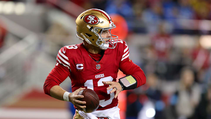 Dec 30, 2024; Santa Clara, California, USA; San Francisco 49ers quarterback Brock Purdy (13) during the game against the Detroit Lions at Levi's Stadium. Mandatory Credit: Sergio Estrada-Imagn Images