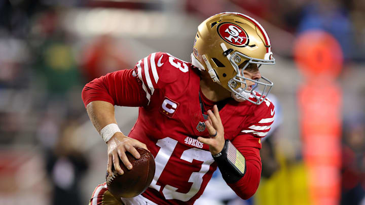 Dec 30, 2024; Santa Clara, California, USA; San Francisco 49ers quarterback Brock Purdy (13) during the game against the Detroit Lions at Levi's Stadium. Mandatory Credit: Sergio Estrada-Imagn Images