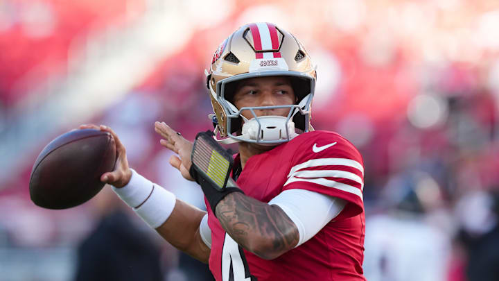 Oct 19, 2025; Santa Clara, California, USA; San Francisco 49ers quarterback Adrian Martinez (4) warms up prior to the game against the Atlanta Falcons at Levi's Stadium. Mandatory Credit: Darren Yamashita-Imagn Images