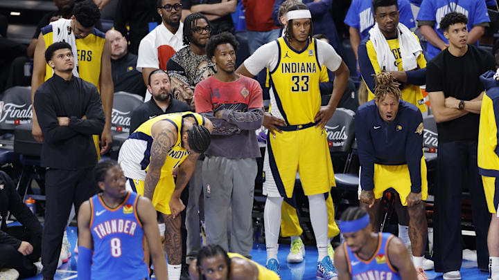 Jun 22, 2025; Oklahoma City, Oklahoma, USA; Indiana Pacers forward Obi Toppin (1) and other players react late in the fourth quarter of game seven of the 2025 NBA Finals against the Oklahoma City Thunder at Paycom Center. Mandatory Credit: Alonzo Adams-Imagn Images Jun 22, 2025; Oklahoma City, Oklahoma, USA; Indiana Pacers forward Obi Toppin (1) and other players react late in the fourth quarter of game seven of the 2025 NBA Finals against the Oklahoma City Thunder at Paycom Center. Mandatory Credit: Alonzo Adams-Imagn Images