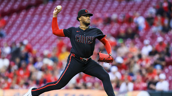 May 2, 2025; Cincinnati, Ohio, USA; Cincinnati Reds starting pitcher Hunter Greene (21) pitches against the Washington Nationals in the first inning at Great American Ball Park. Mandatory Credit: Katie Stratman-Imagn Images