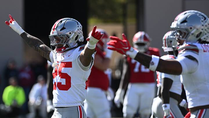 Oct 17, 2026; Bloomington, Indiana, USA;  Ohio State Buckeyes cornerback Jay Timmons (25) reacts during the first half against the Indiana Hoosiers at Merchants Bank Field at Memorial Stadium.  Mandatory Credit: Robert Goddin-Imagn Images