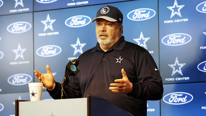 Jun 4, 2024; Frisco, TX, USA;  Dallas Cowboys head coach Mike McCarthy addresses the media before practice at the Ford Center at the Star Training Facility in Frisco, Texas. Mandatory Credit: Tim Heitman-USA TODAY Sports