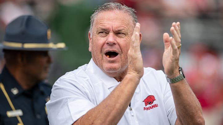 Arkansas Razorbacks coach Sam Pittman during warmups before game with the Arkansas State Red Wolves at War Memorial Stadium in Little Rock, Ark. Arkansas Razorbacks coach Sam Pittman during warmups before game with the Arkansas State Red Wolves at War Memorial Stadium in Little Rock, Ark.