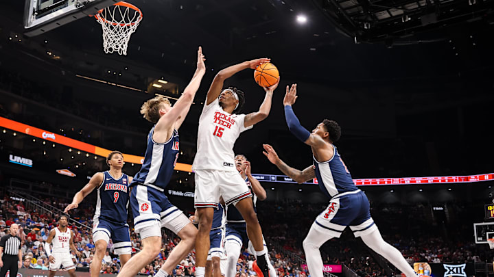 Mar 14, 2025; Kansas City, MO, USA; Texas Tech Red Raiders forward JT Toppin (15) shoots the ball during the first half against the Arizona Wildcats at T-Mobile Center. Mandatory Credit: William Purnell-Imagn Images