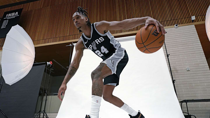 Sep 30, 2024; San Antonio, TX, USA; San Antonio Spurs guard Devin Vassell (24) poses for photos during Media day at Victory Capital Performance Center in San Antonio.