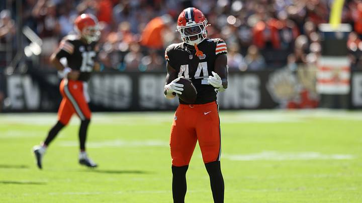 Sep 7, 2025; Cleveland, Ohio, USA; Cleveland Browns tight end Harold Fannin Jr. (44) reacts after a play during the second half against the Cincinnati Bengals at Huntington Bank Field. Sep 7, 2025; Cleveland, Ohio, USA; Cleveland Browns tight end Harold Fannin Jr. (44) reacts after a play during the second half against the Cincinnati Bengals at Huntington Bank Field.