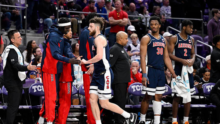 Jan 10, 2026; Fort Worth, Texas, USA; Arizona Wildcats guard Anthony Dell'orso (3) comes out of the game against the TCU Horned Frogs during the second half at the Ed and Rae Schollmaier Arena. Mandatory Credit: Jerome Miron-Imagn Images