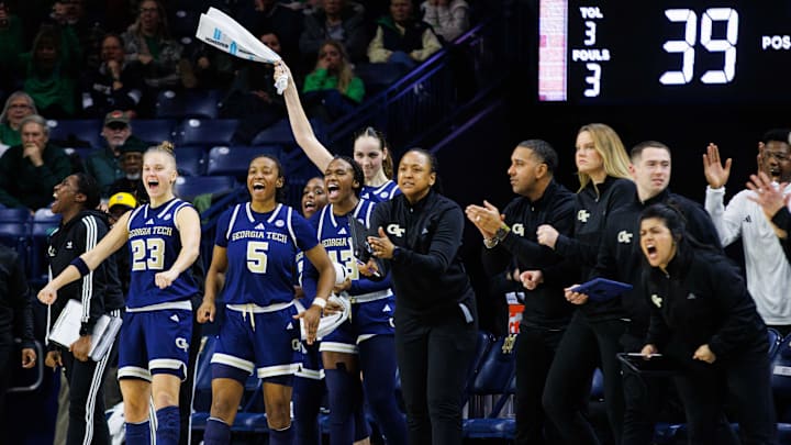 Georgia Tech's bench celebrates a basket during a NCAA women's basketball game between Notre Dame and Georgia Tech at Purcell Pavilion on Thursday, Jan. 16, 2025, in South Bend.