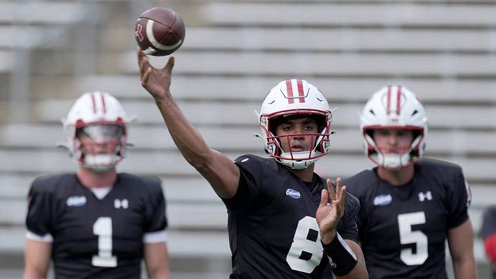 Wisconsin quarterback Deuce Adams (8) is shown during football practice Thursday, August 6, 2026 at Camp Randall Stadium in Madison, Wisconsin.