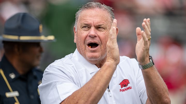 Arkansas Razorbacks coach Sam Pittman during warmups before game with the Arkansas State Red Wolves at War Memorial Stadium in Little Rock, Ark.