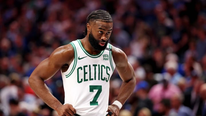 Jun 12, 2024; Dallas, Texas, USA; Boston Celtics forward Jaylen Brown (7) reacts during the fourth quarter during game three of the 2024 NBA Finals against the Dallas Mavericks at American Airlines Center. Mandatory Credit: Kevin Jairaj-USA TODAY Sports